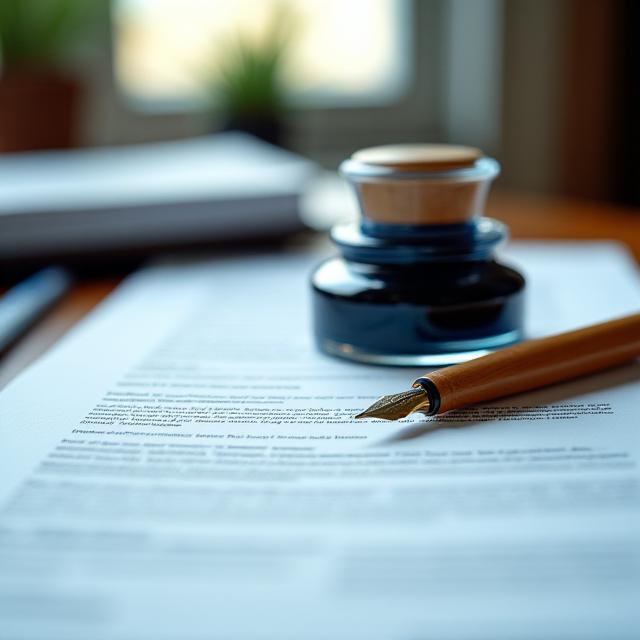 Vintage ink well and traditional dip pen on a drafted executive contract