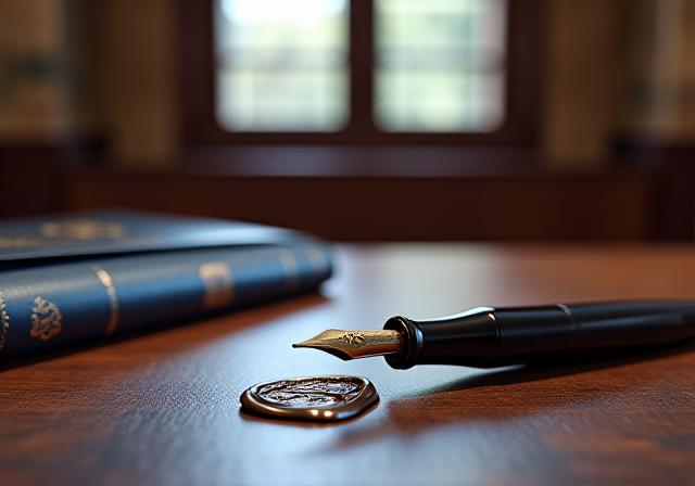 High-end legal office in London with leather-bound books and fountain pens