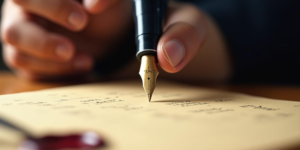 Close-up of a fountain pen signing a formal legal document with a wax seal