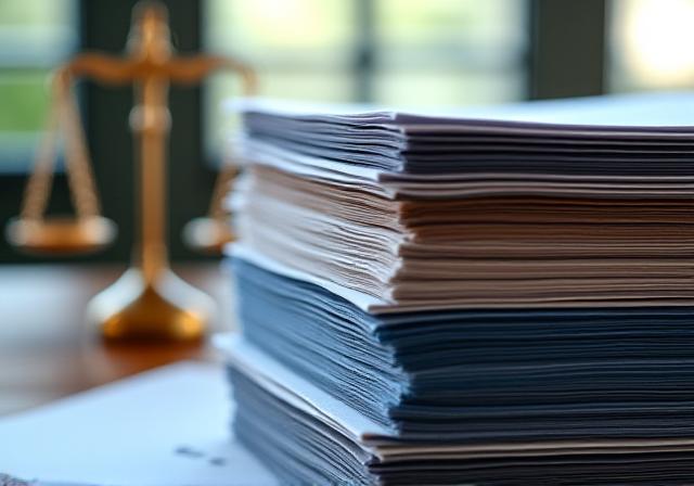Meticulously organized legal documents with a scale of justice